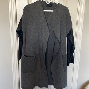 ZARA Knit Gray Cardigan with Faux Leather Sleeves Size M
